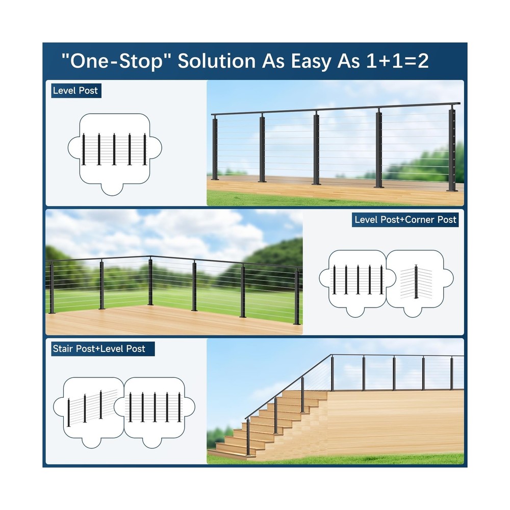 36" One-Stop Cable Railing Post Kit, 5Pack Level Drilled Line Post, Adjustabl...