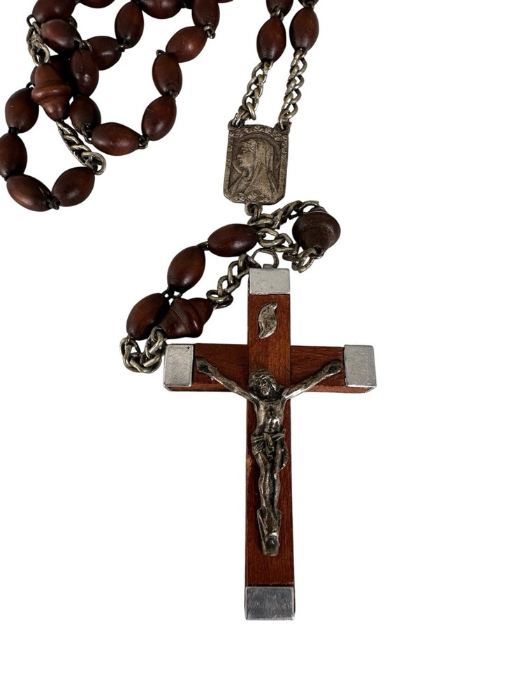 RARE French Lourdes Rosary Prayer Wood Beads Mary Jesus Crucifix Holy Vail