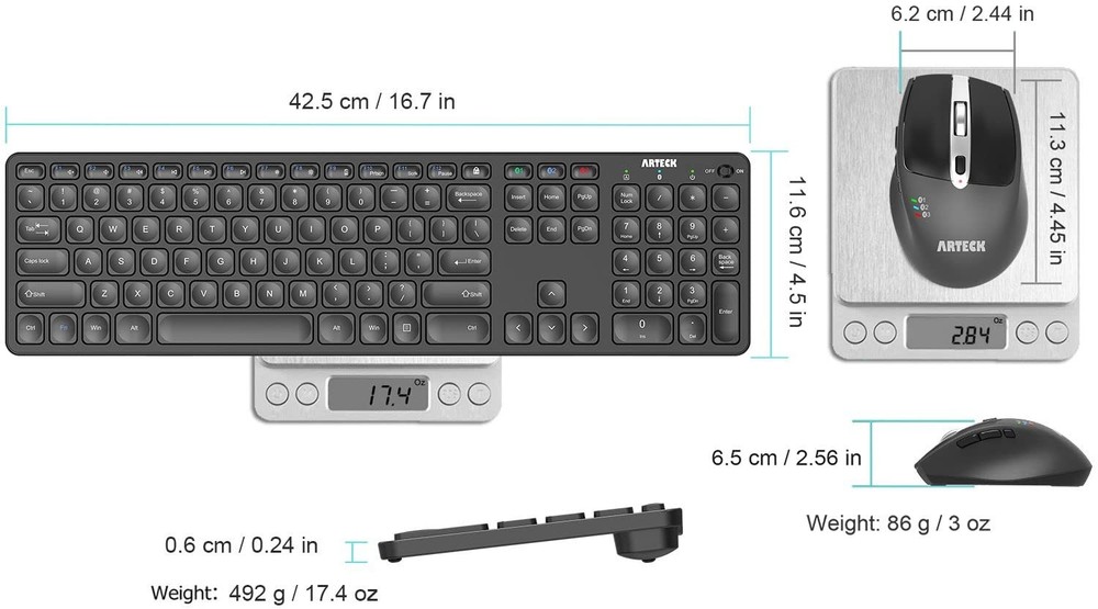 Universal Multi-Device Bluetooth Keyboard and Mouse Full Size Wireless Blueto...