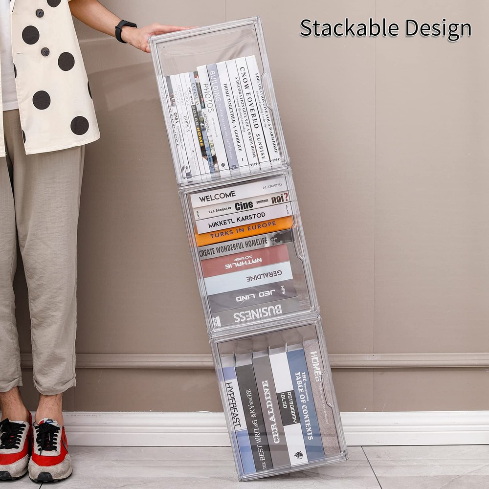 FABROK 2Pcs Clear Stackable Plastic Book Storage Display Organizer Box