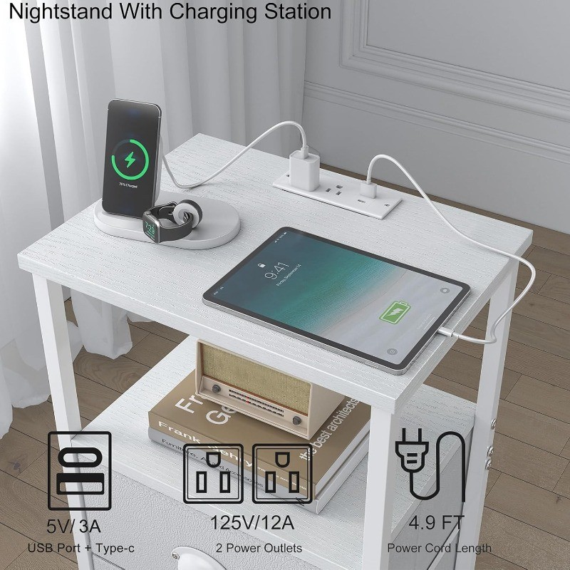Nightstand with Charging Station, LED Night Stand Set 2, Bedside Table End Table
