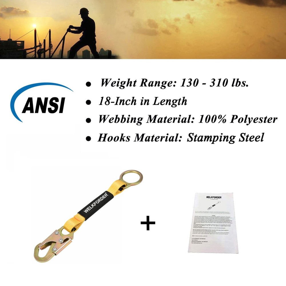 WELKFORDER 18-Inch D-Ring Extender Fall Protection with Snap Hook 18"