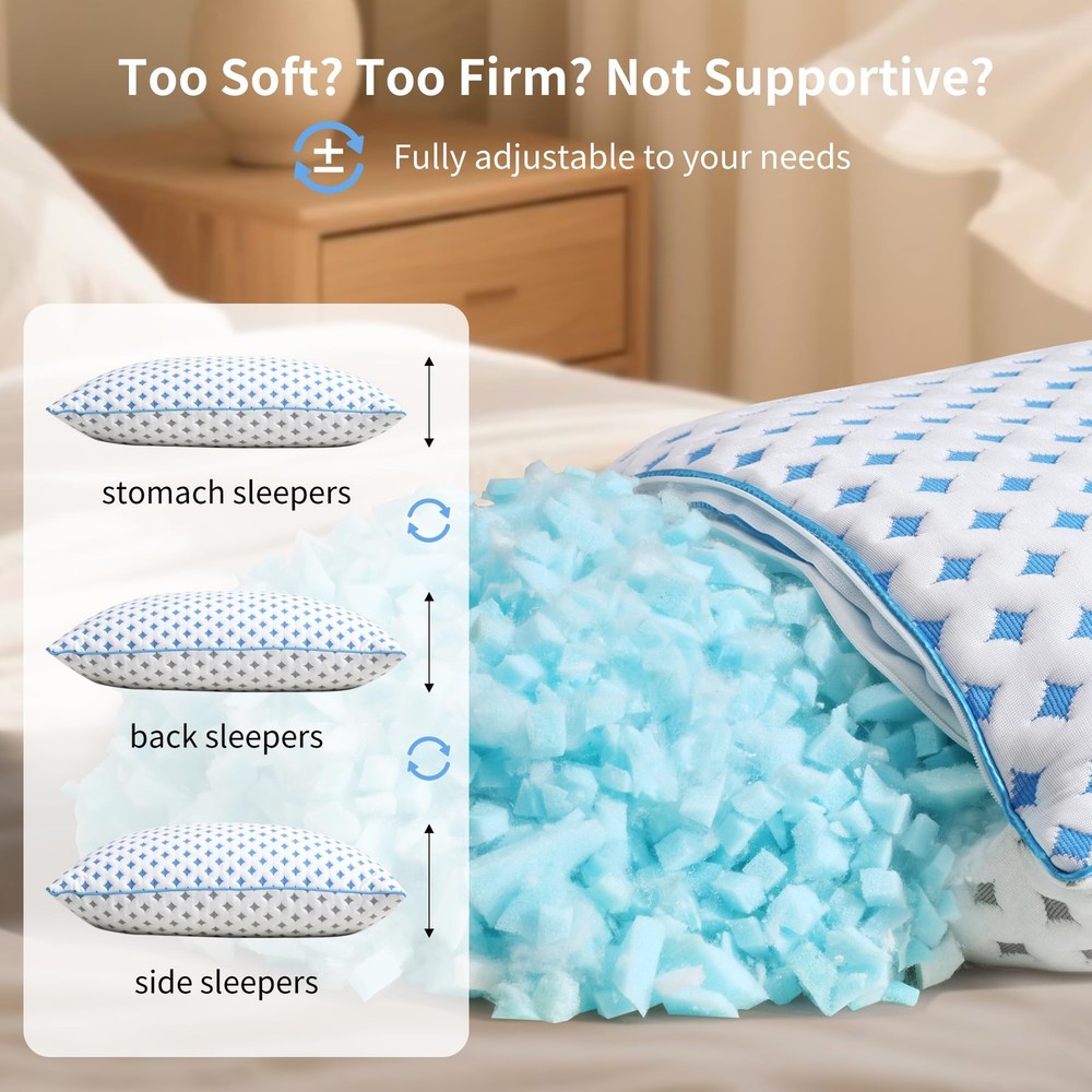 Memory Foam Pillows 2 Pack – Adjustable Loft Cooling Pillows Standard Size Se...