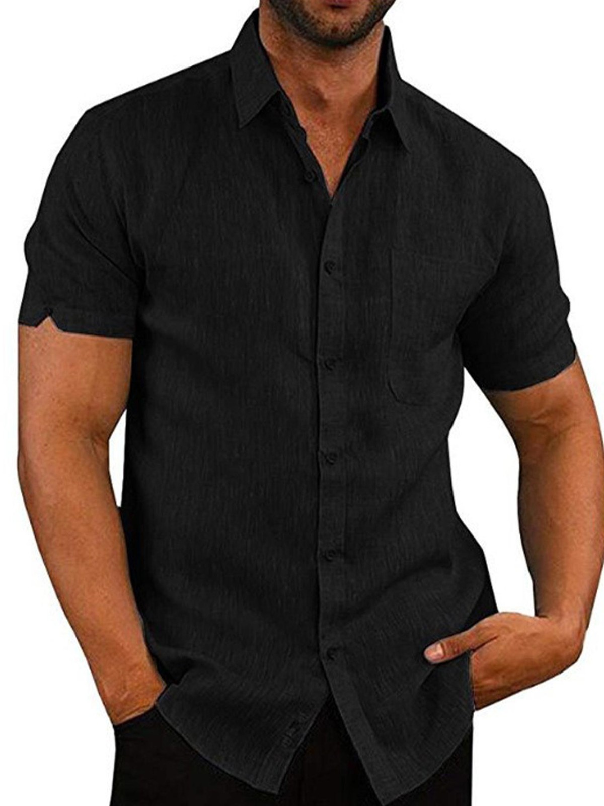 Mens Solid Short Sleeve Button Turn Down Collar Casual Blouse Casual T-shirt Top