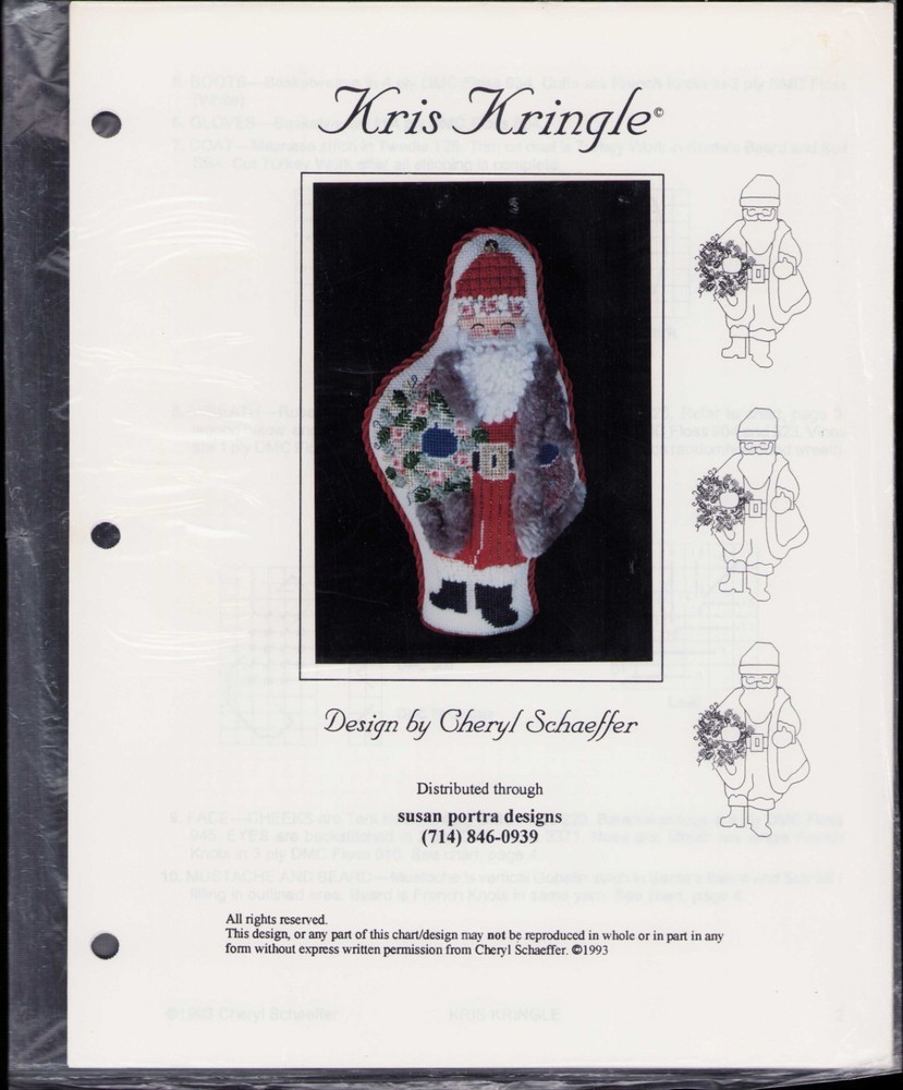 Needlepoint Pattern Christmas Santa Kringle w/ Threads & Suede C. Schaeffer