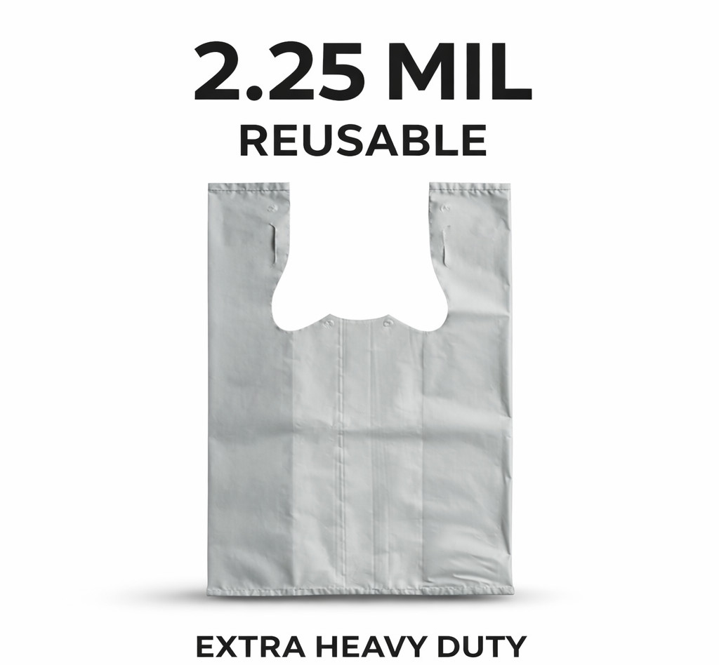 Gray Plastic Grocery T-Shirt Bags 12x7x20 2.25 Mil Reusable Extra Heavy Duty