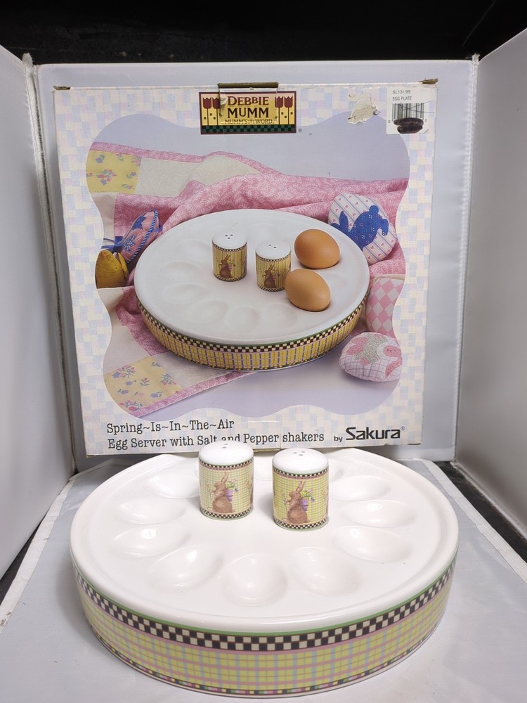 Sakura Easter Debbie Mumm Deviled Egg Plate Salt & Pepper Shakers Rabbit 10.5"