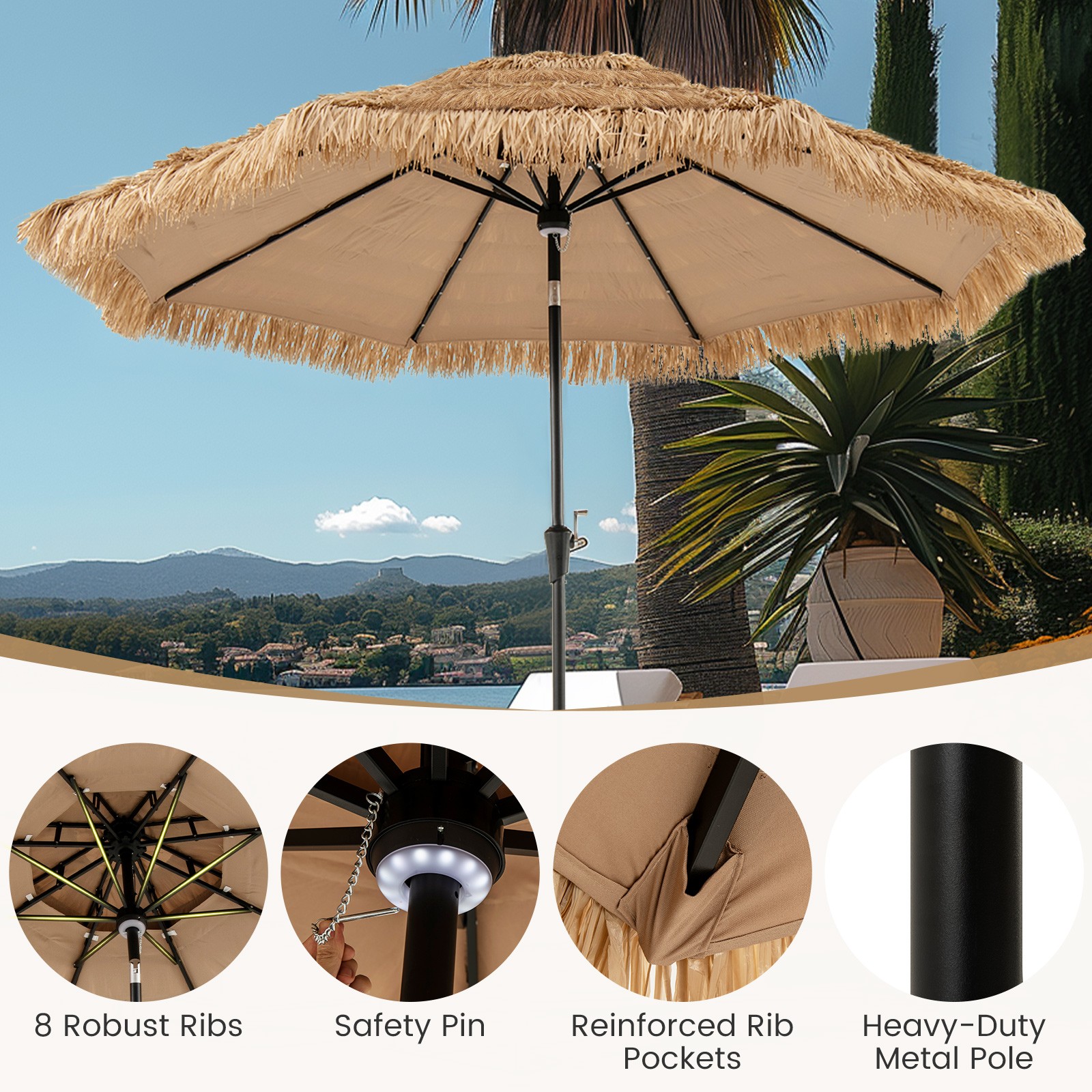 10 ft Solar Lighted Thatched Tiki Patio Umbrella Beach 2 Tier Hawaiian