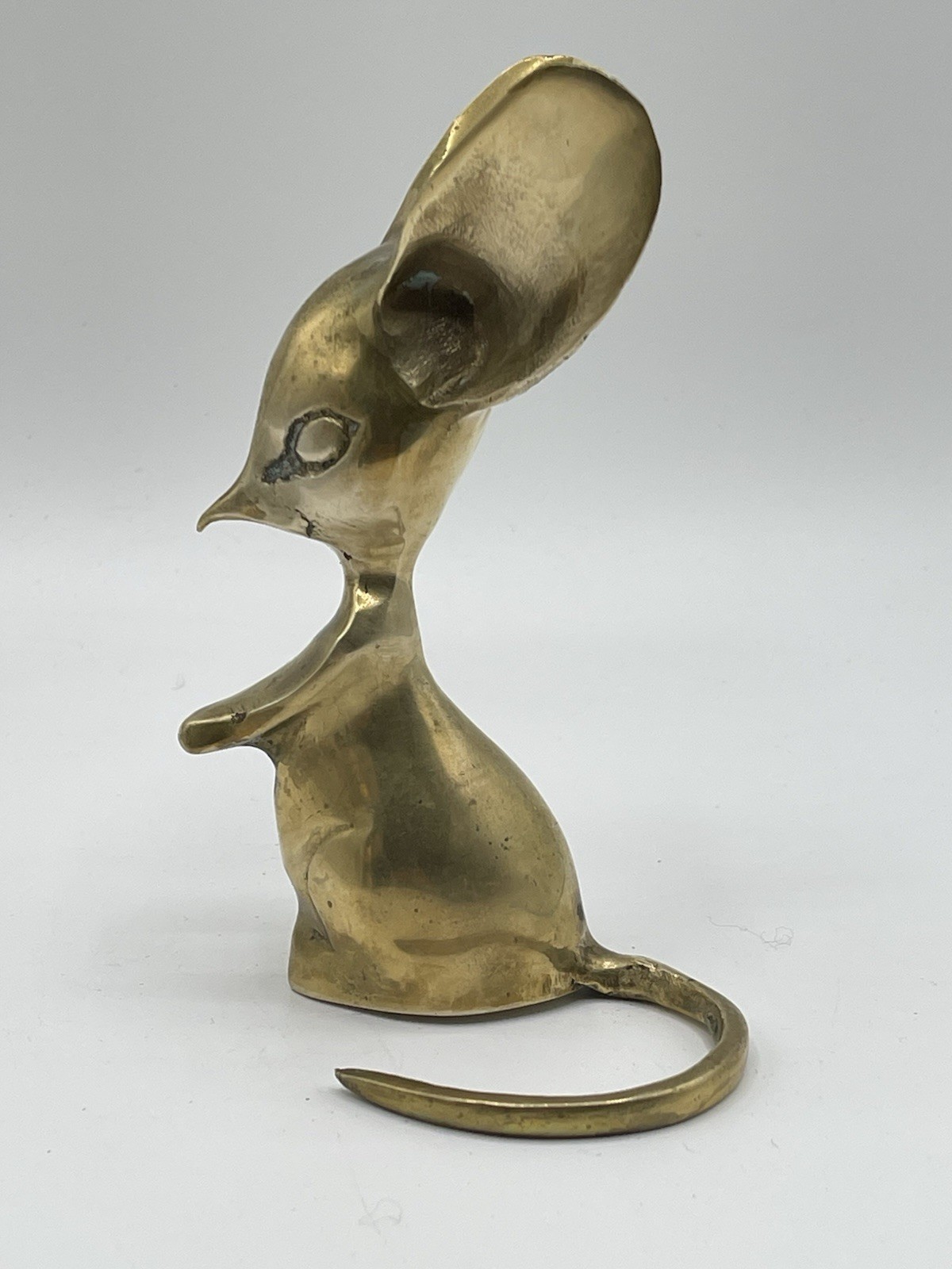 VTG Pair Of Big Eared Long Tail Whimsical Mouse 5”/ 7” Solid Brass MCM Decor