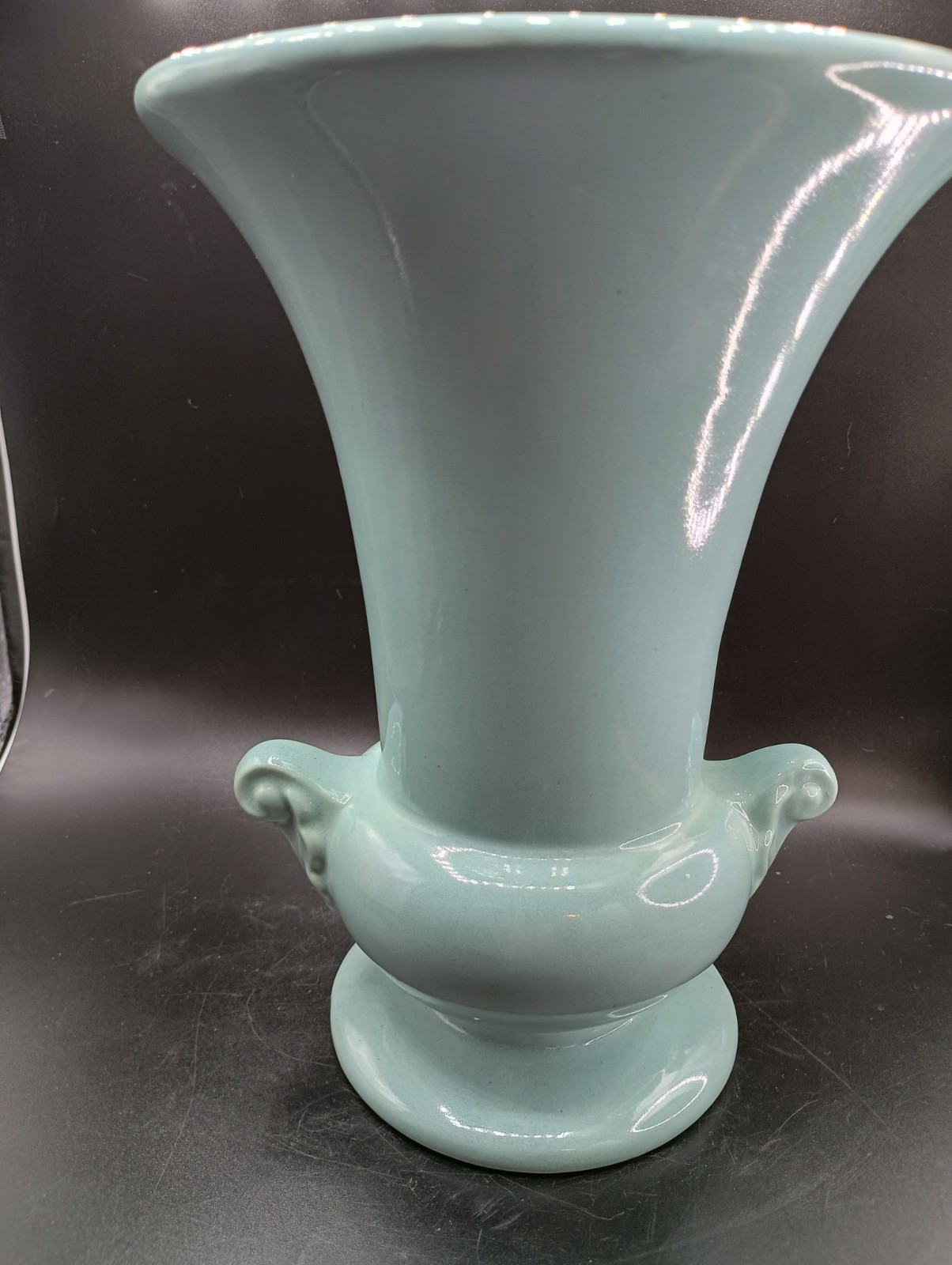 Vintage Pottery Vase Turquoise 9 1/4" H HAEGAR USA Scroll Handle Urn Footed Nice
