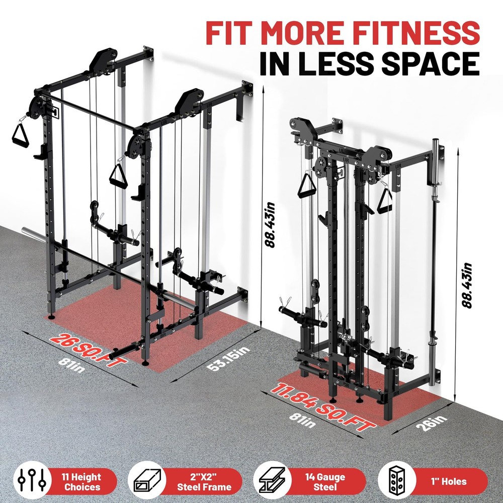 Wall Mount Smith Machine Squat Rack Power Rack with Dual Pulley System Workout
