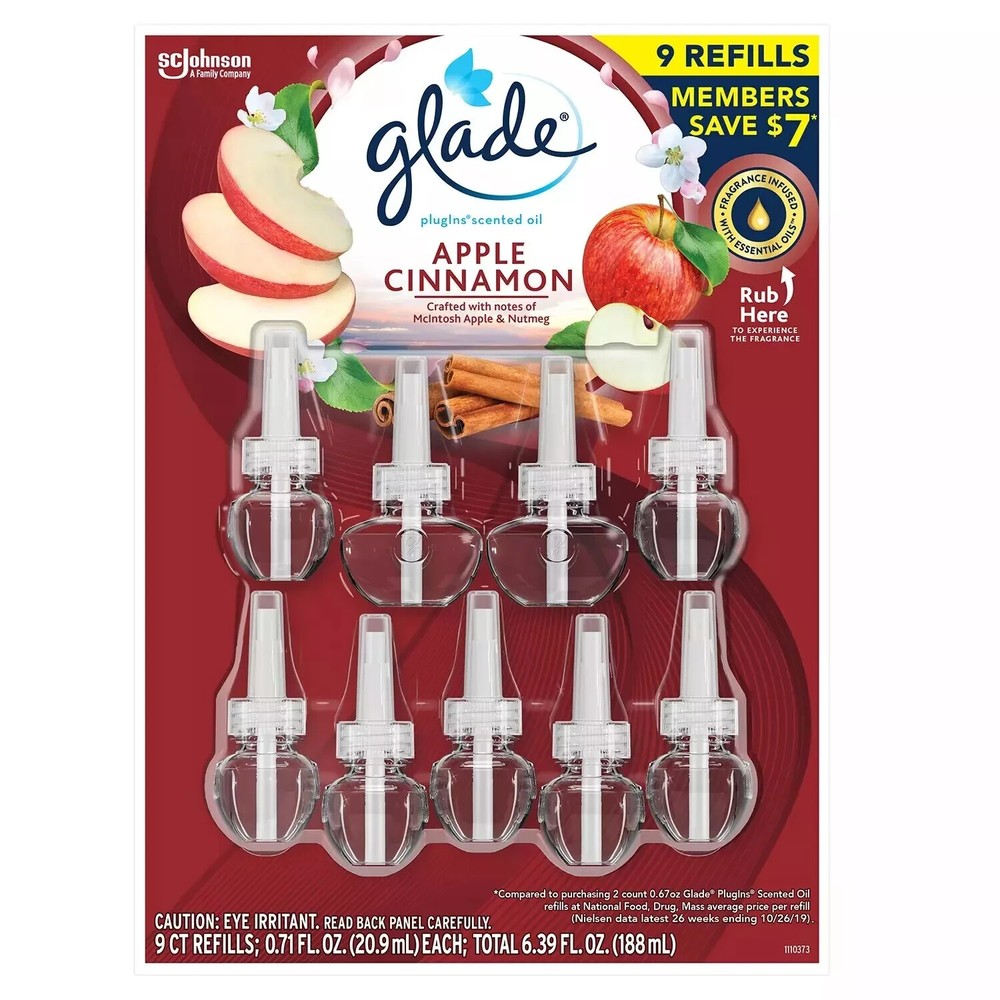 Glade PlugIns Essential Oil Wall Plug In, Apple Cinnamon, 9 Count (6.39 fl.oz)