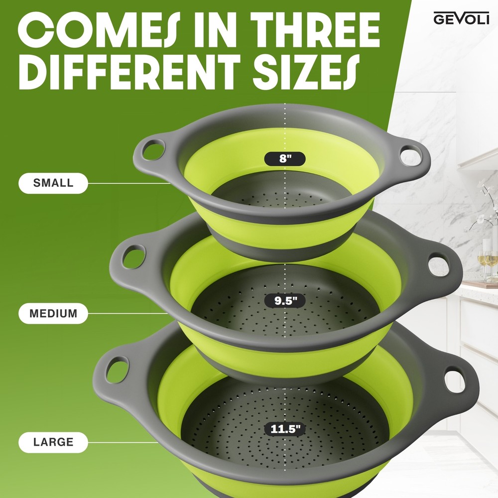 Gevoli Collapsible Colander with Draining Tray - 3 Pack