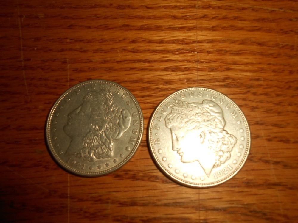 2 Morgan Silver Dollars 1921 P and 1921 D