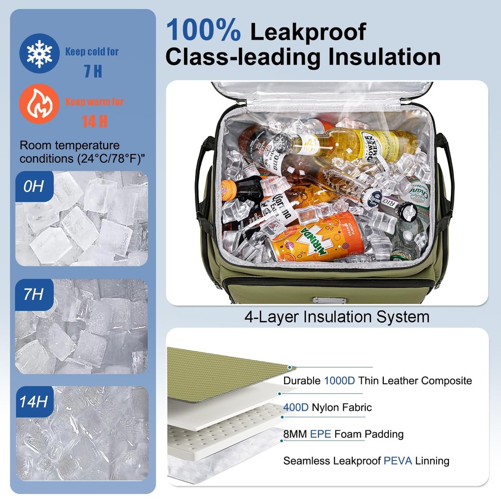 Weitars Insulated Cooler Backpack,Double Deck Waterproof Soft Large, Green