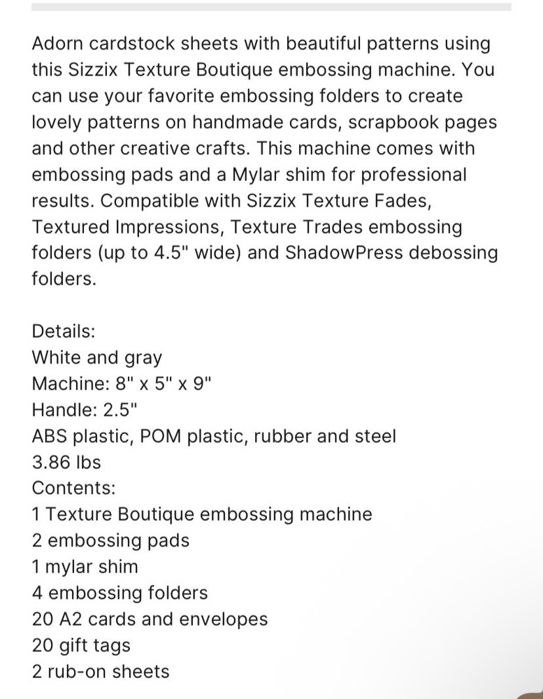 Sizzix TEXTURE BOUTIQUE Embossing Machine