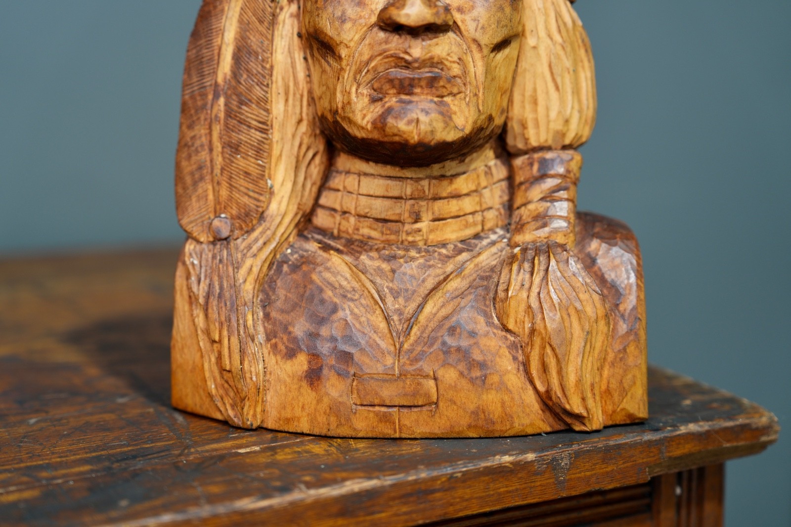 Vintage Cigar Store Indian Countertop Display Wood Bust Head Statue