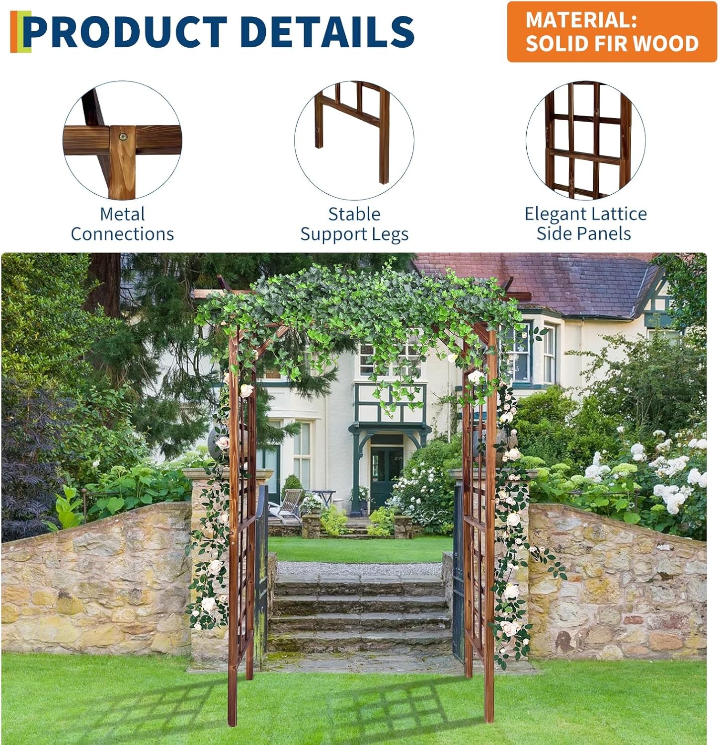 7FT Garden Arbor Flat Top Wooden Wedding Arches with Trellis for Climbing Plants
