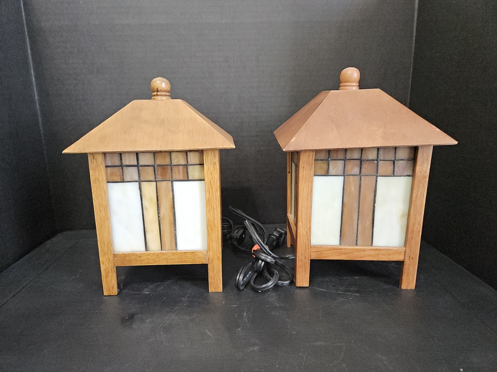 Stained Glass/Wooden Table Lamps Inspired by Frank Lloyd Mission Style Art Set