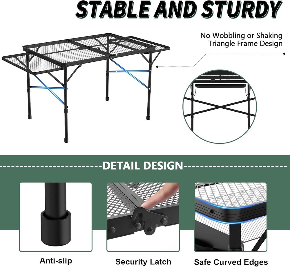 Folding Camping Table – 3x2FT with Mesh Desktop & Adjustable Wings, Black