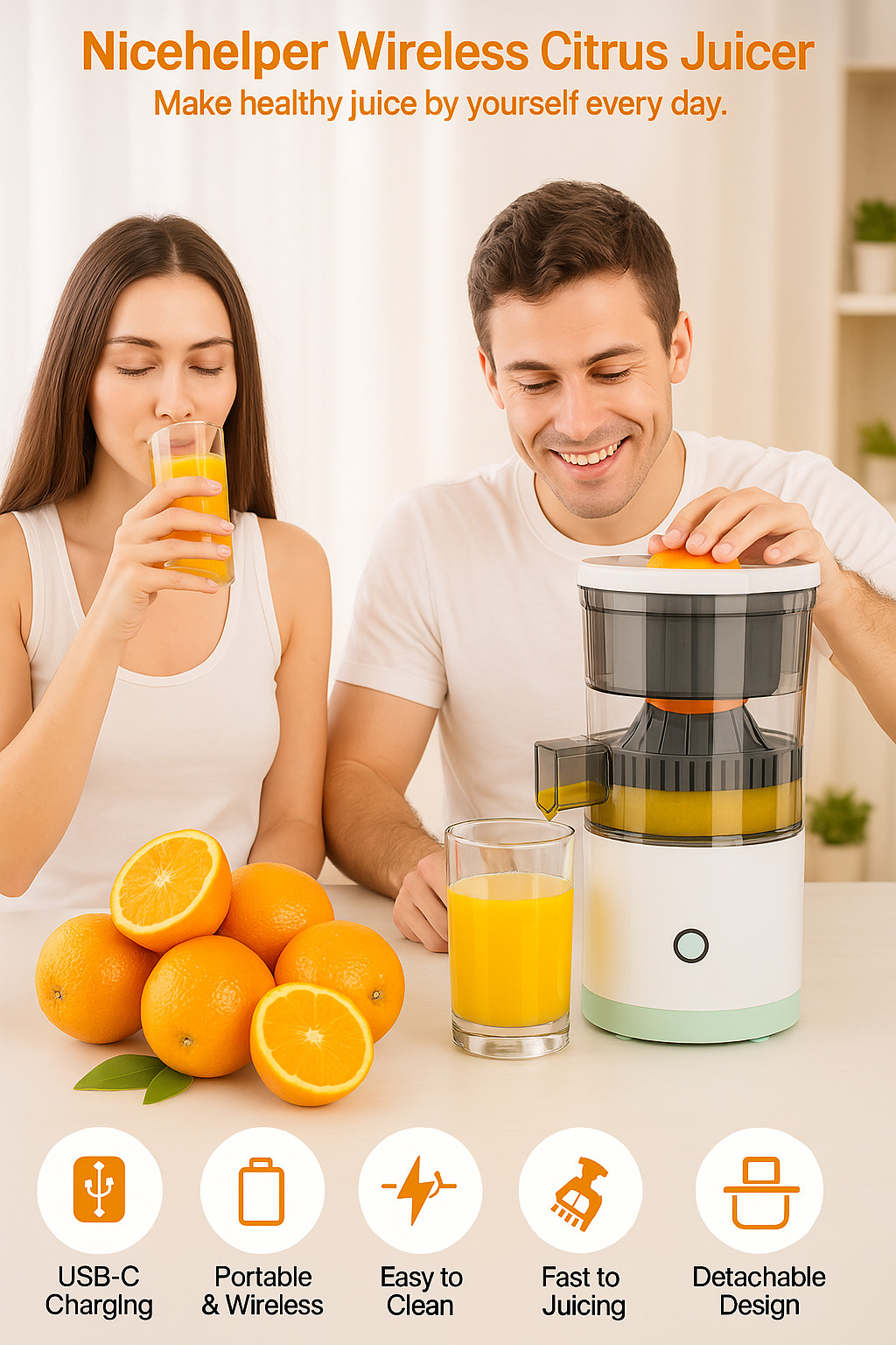 Electric Citrus Juicer Rechargeable Hands-Free Masticating Orange Lemon Squeezer