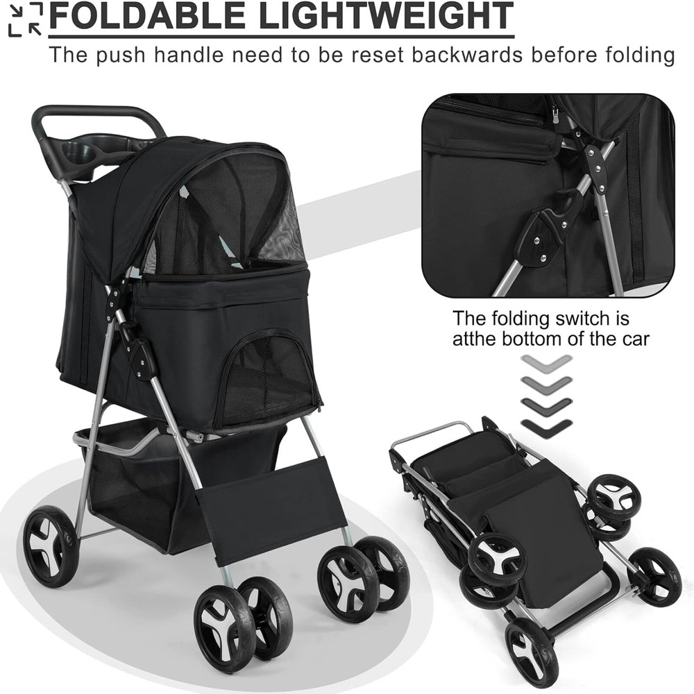 3/4 Wheels Foldable Pet Strollers Cat Dog Cage Strollers w/ Cup Holder & Basket