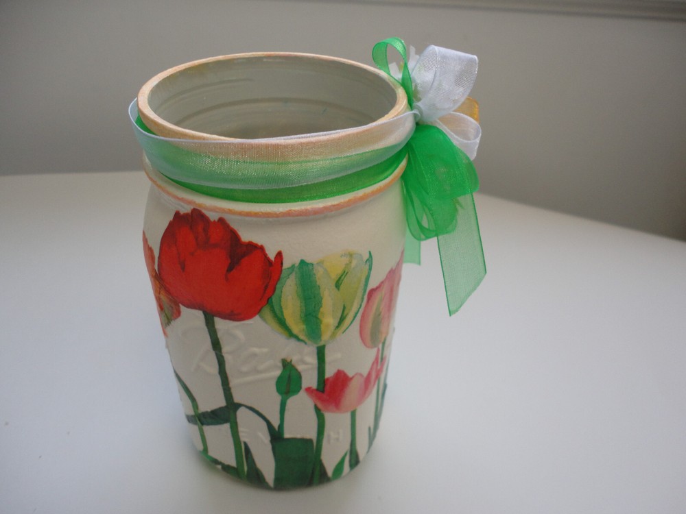 Decoupage Quart Mason Jar, Tulips (Hand Made)