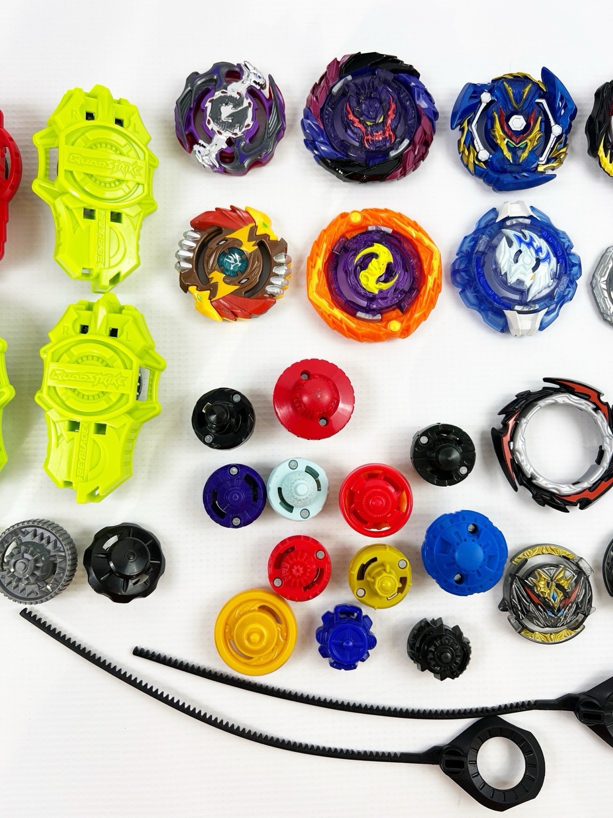 Large Lot of 30+ Beyblades Many Pieces Tops Parts Metal Cords Launchers HASBRO