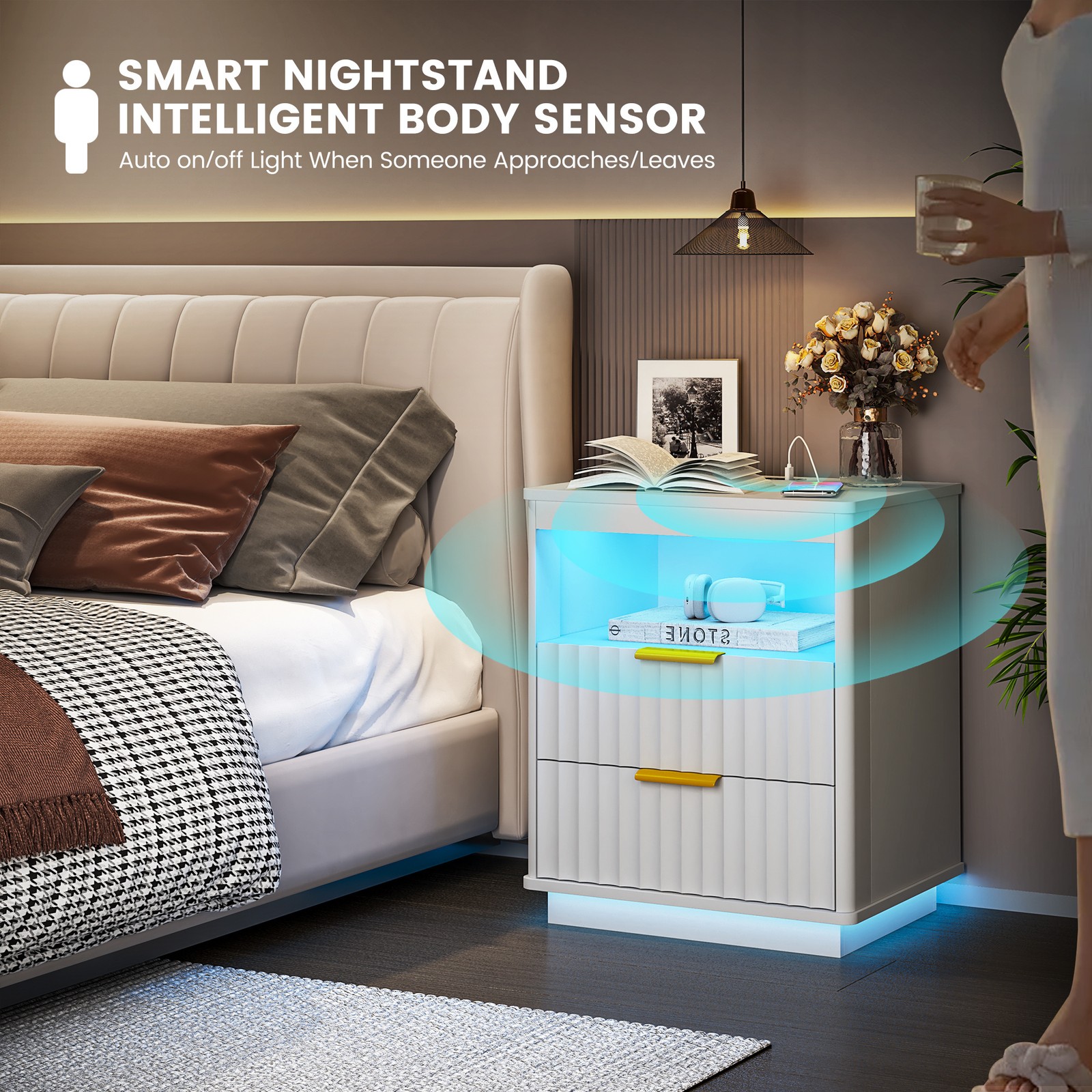 Gurexl Nightstand Set of 2 with Charging Station and 3-Color LED Lights , White