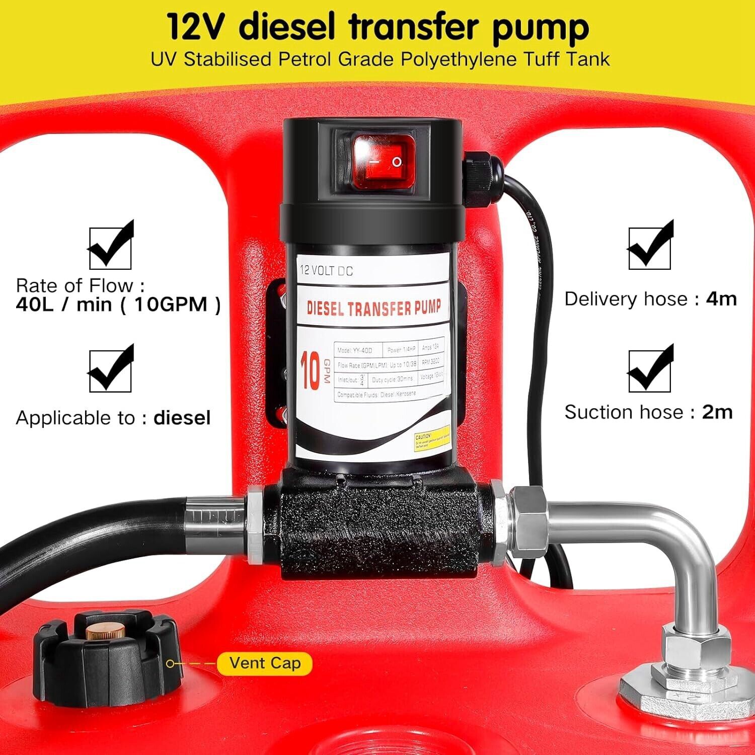 32 Gallon Portable Fuel Tank 120L with 12V Diesel Pump 13ft Delivery Hose