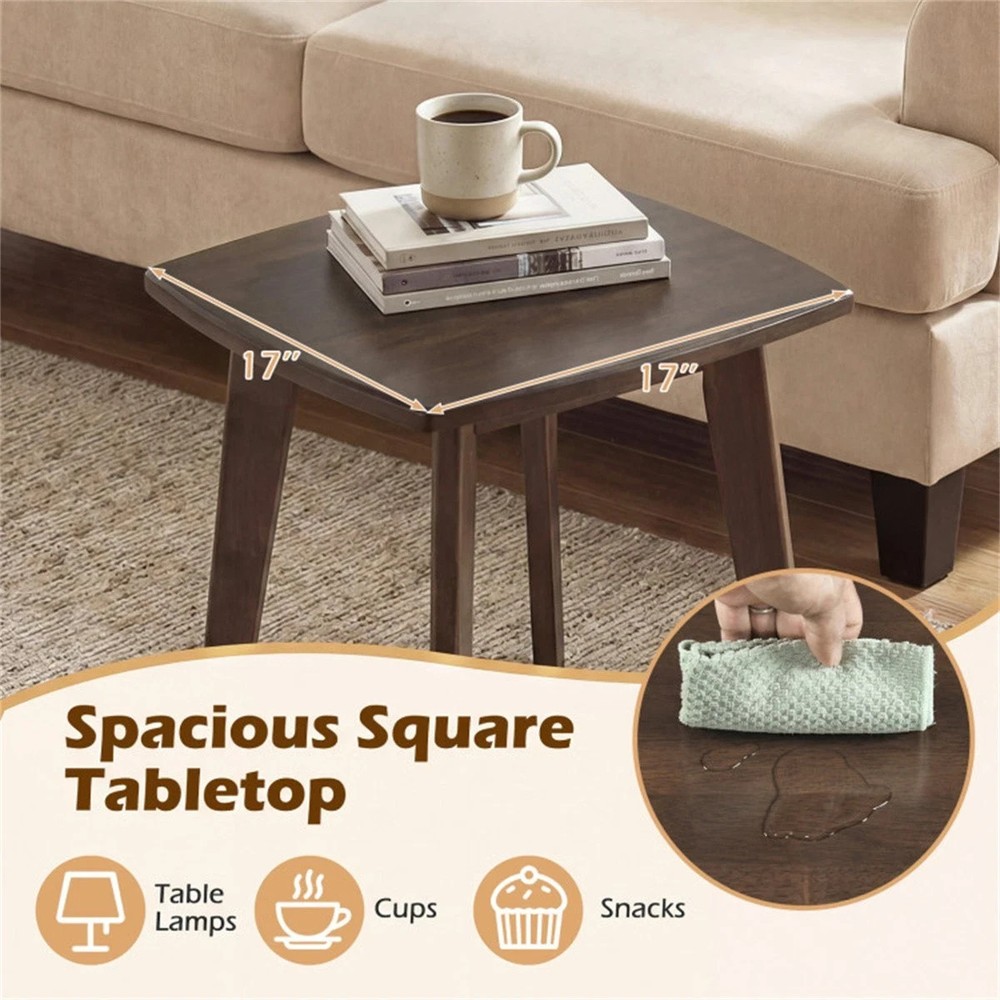 17" Square Side Table Solid Rubber Wood, Walnut Finish End Table for Living Room