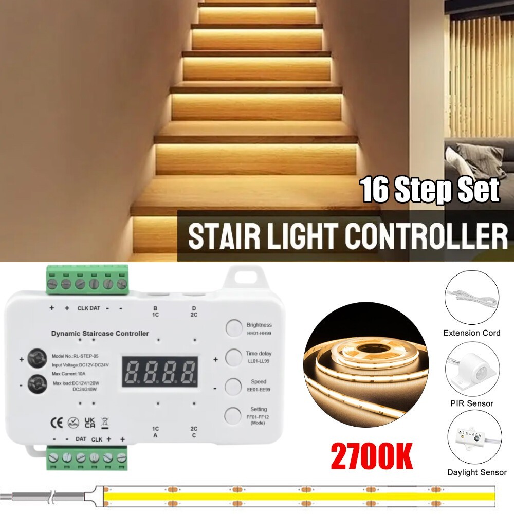 16 Steps-LED Strip Light Stair Lighting Controller Motion Sensor System Full Set