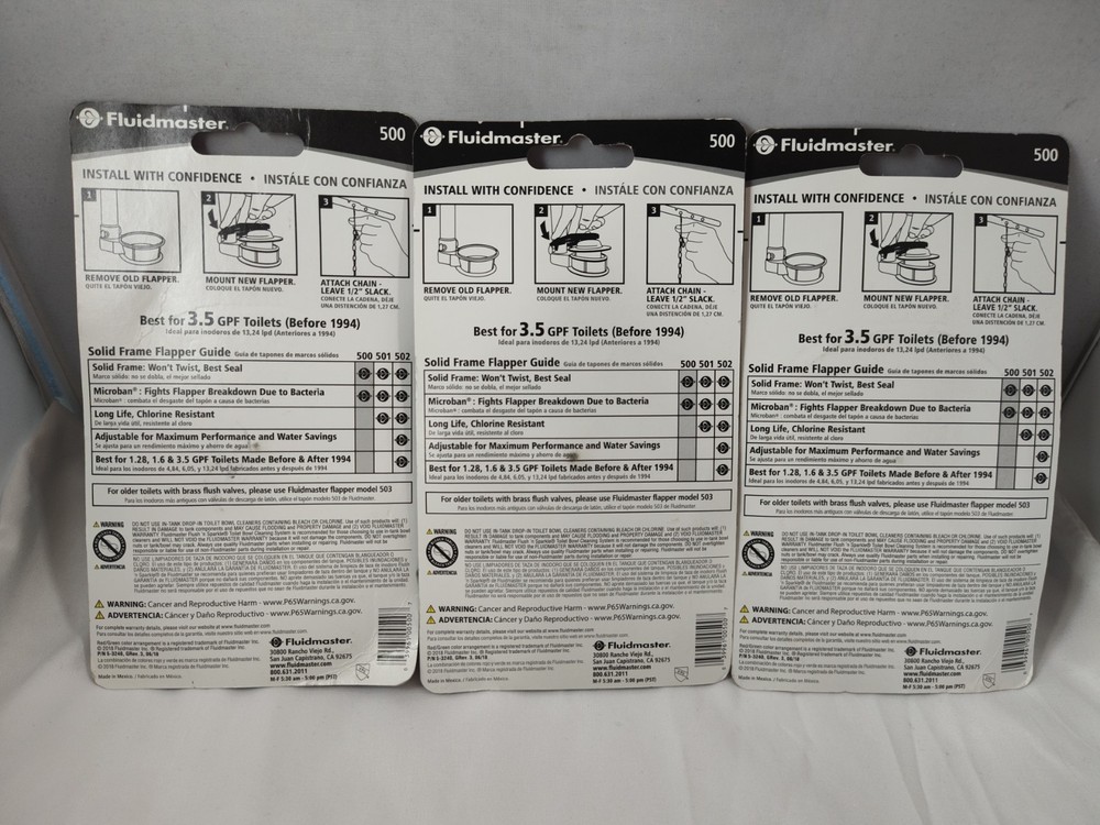 3 Pack Fluidmaster 500 2-Inch Universal Solid Frame Toilet Flapper, For 3.5 GPF