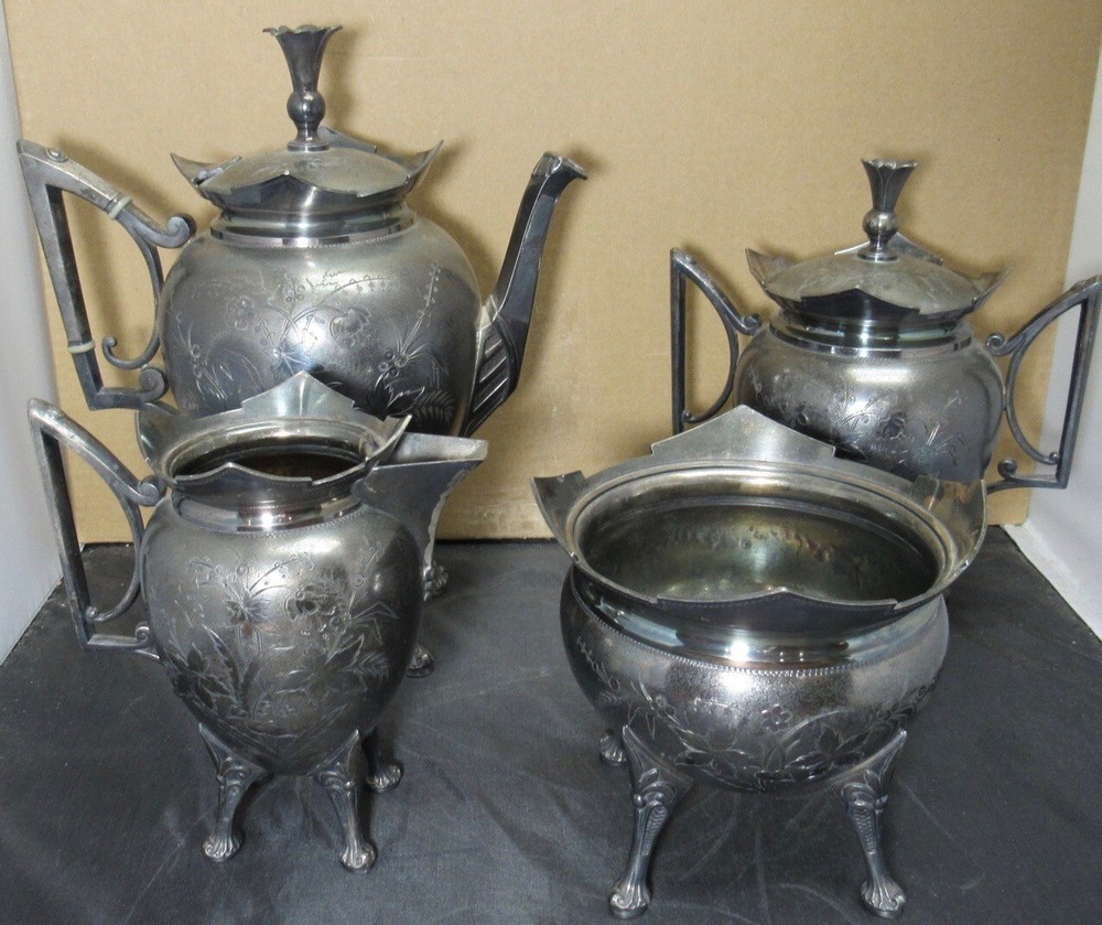 VICTORIAN SILVER PLATE TEA SET 5 PIECE MERIDEN 1880'S EX. CONDITION ENGRAVED