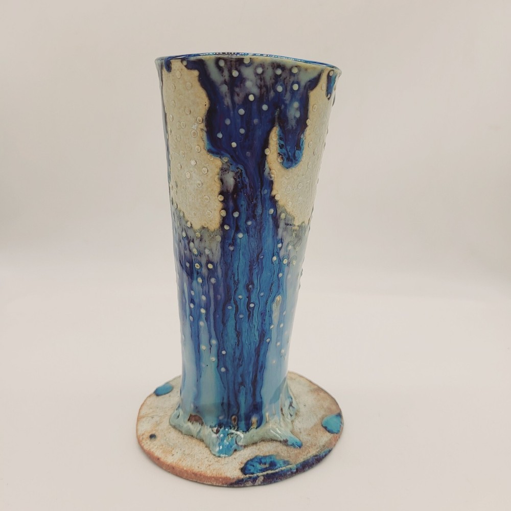 Studio Pottery Stoneware Vase Unsigned Blue Ocean Wave Drip Glaze 6" Hand Thrown