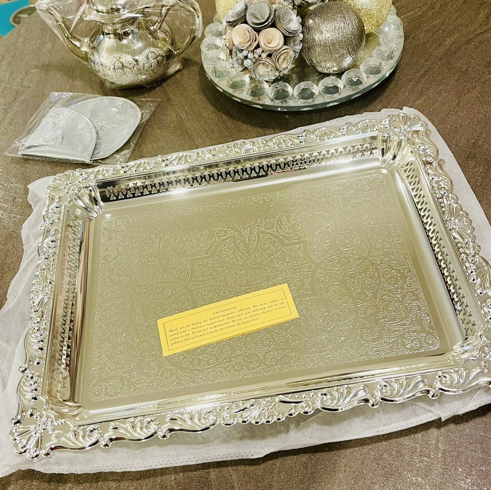 Moroccan Rectangle Silver Finish Serving Tray/platter. Large.