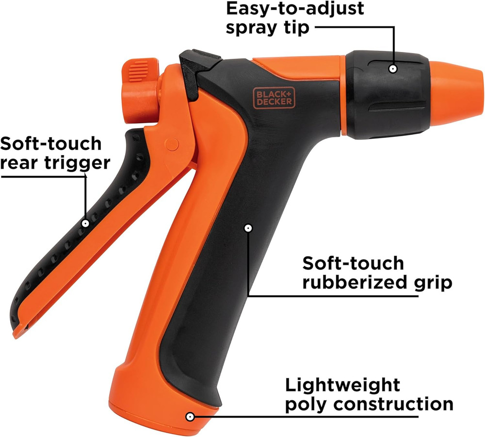 Black + Decker® Adjustable Rear Trigger Garden Hose Nozzle – Lightweight, Comfor