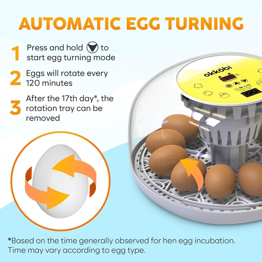 Okkobi M12 Automatic Egg Incubator - Precise Temp & Humidity Control, 12-24 Eggs