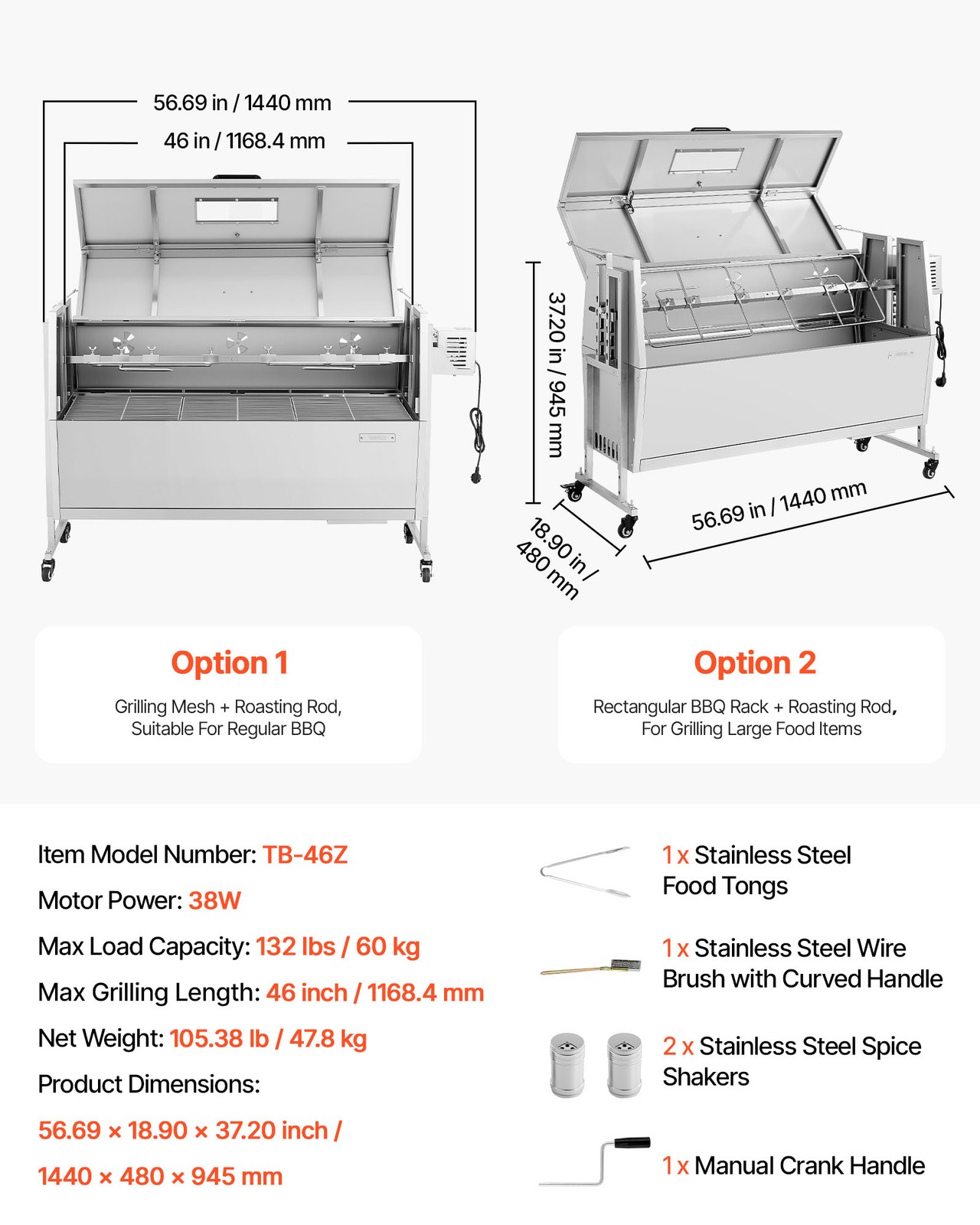57" Rotisserie BBQ Grill BBQ Outdoor Pig & Lamb Spit Roaster w/ Wheels 38W