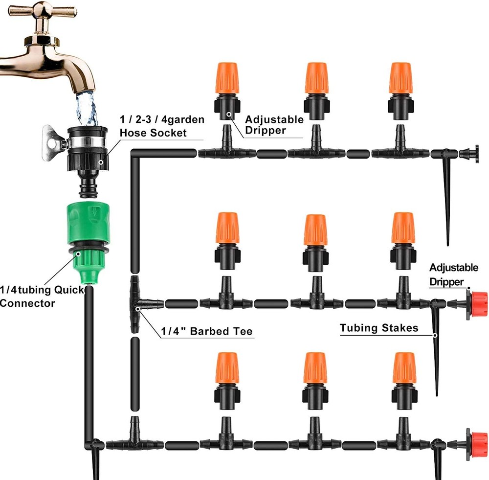 Garden Automatic Irrigation System 164FT 200 Pack Drip Irrigation Kit 1/4" Bl...