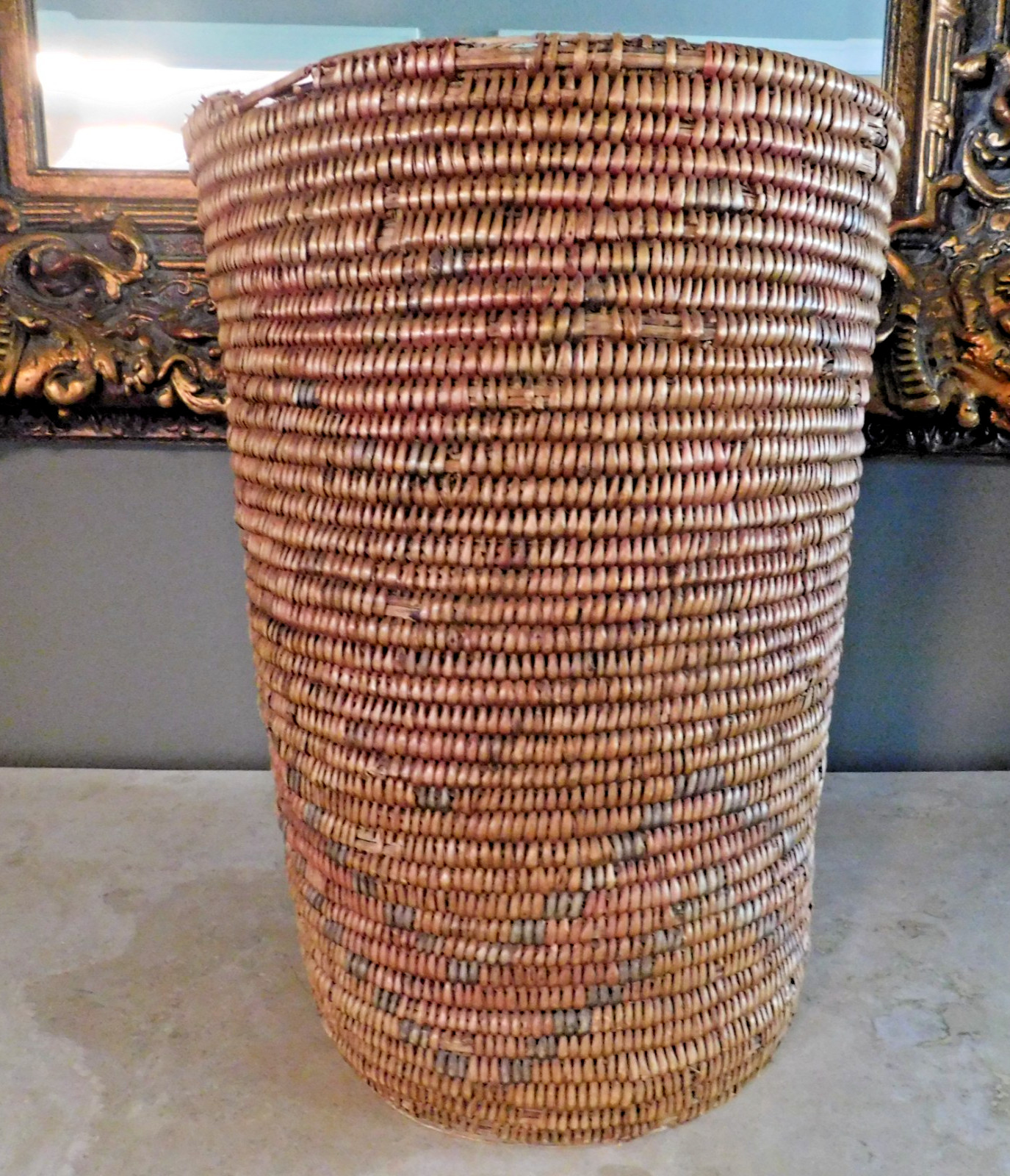 VINTAGE SOUTHWEST INDIAN JICARILLA APACHE POLYCHROME CYLINDRICAL BASKET