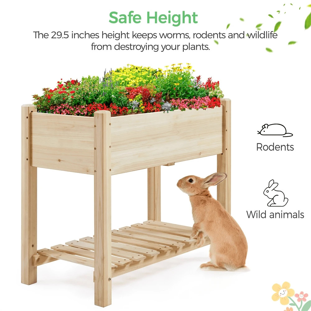 34"×18"×29.5" Raised Garden Planter Elevated Wood Bed with Bottom Shelf for