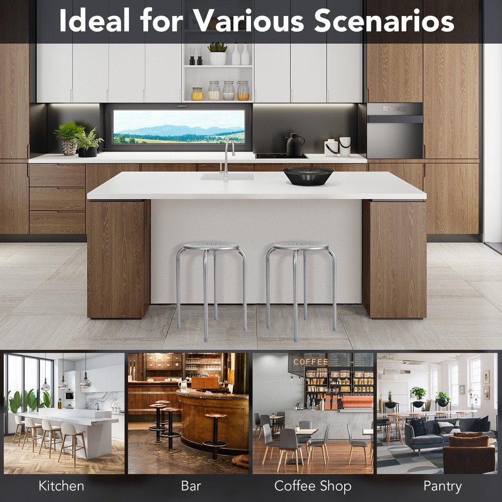 6PCS Stackable Metal Stool Set Daisy Backless Round Top Kitchen Grey