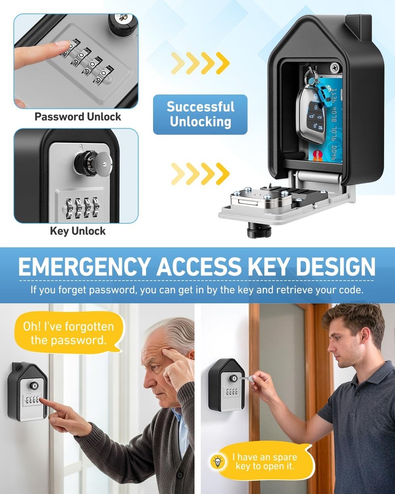 Wall Mounted Lock Box, Large Key Lock Box with Key, 4-Digit Combination Lock,...