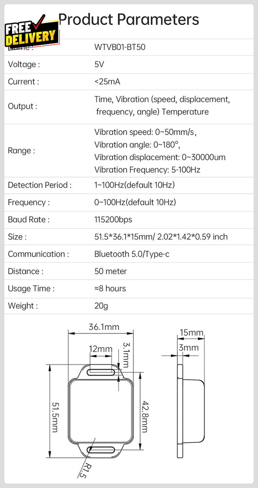 BLE Vibration Sensor WTVB01-BT50 Smart Vibration Module Ar-Duino 3-Axis Vib.....