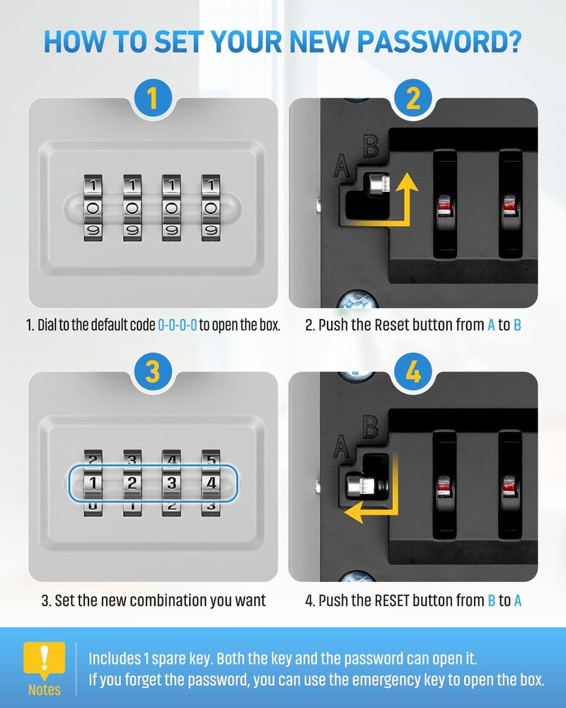 Wall Mounted Lock Box, Large Key Lock Box with Key, 4-Digit Combination Lock,...
