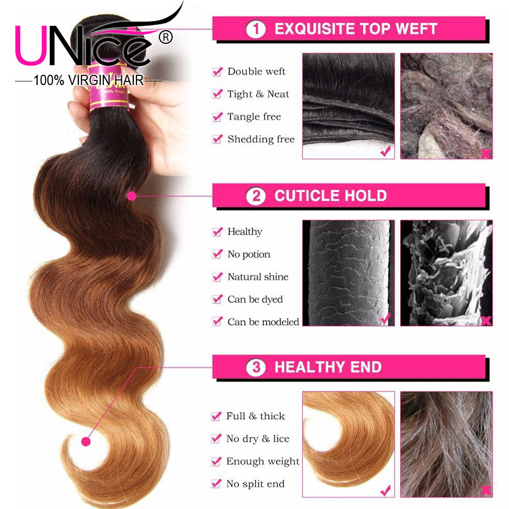 UNice 8A Brazilian Ombre Body Wave Human Hair Bundles Weaves 16"-26" US T1B/4/27