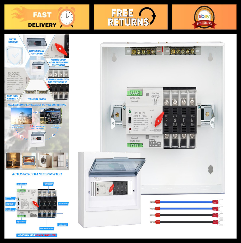 100A Automatic Transfer Switch 220V, Dual Power Generator Switch, Metal Box
