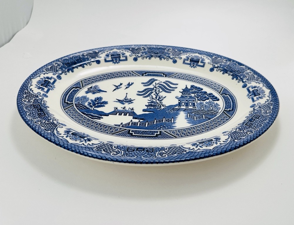Blue White Willow Pattern Oval Ceramic Platter Asian Theme Serving Dish