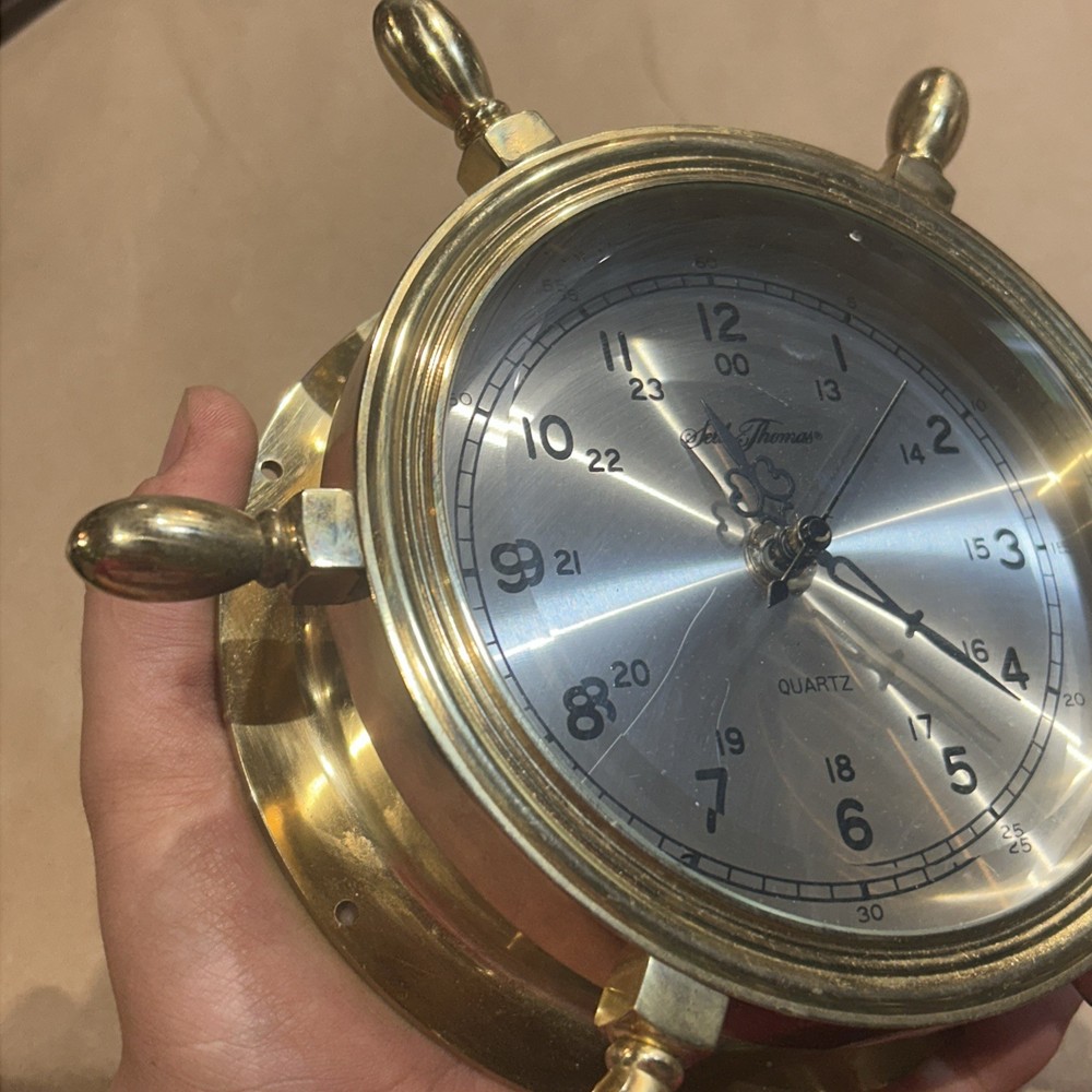 SETH THOMAS MARITIME, SOLID BRASS, SHIP'S TABLE TOP CLOCK Damaged Stand Working